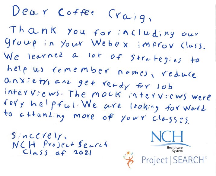 A recent thank you note from the 2021 Project Search class taught by Craig Price.